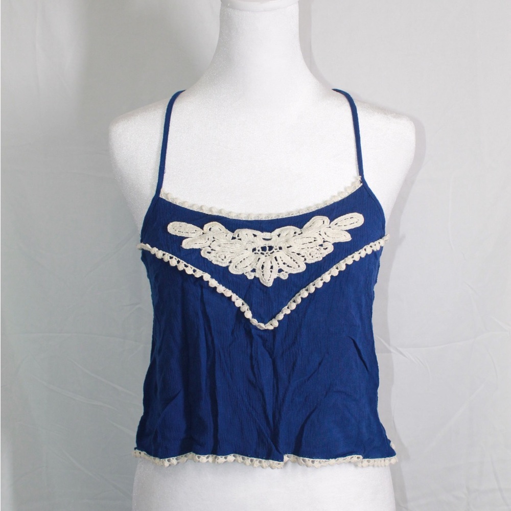 Rue21 Blue Spaghetti-Strap Tank with Cream Crochet Applique